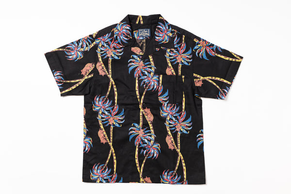 Black Hawaiian shirt with colorful palm tree design on a white background