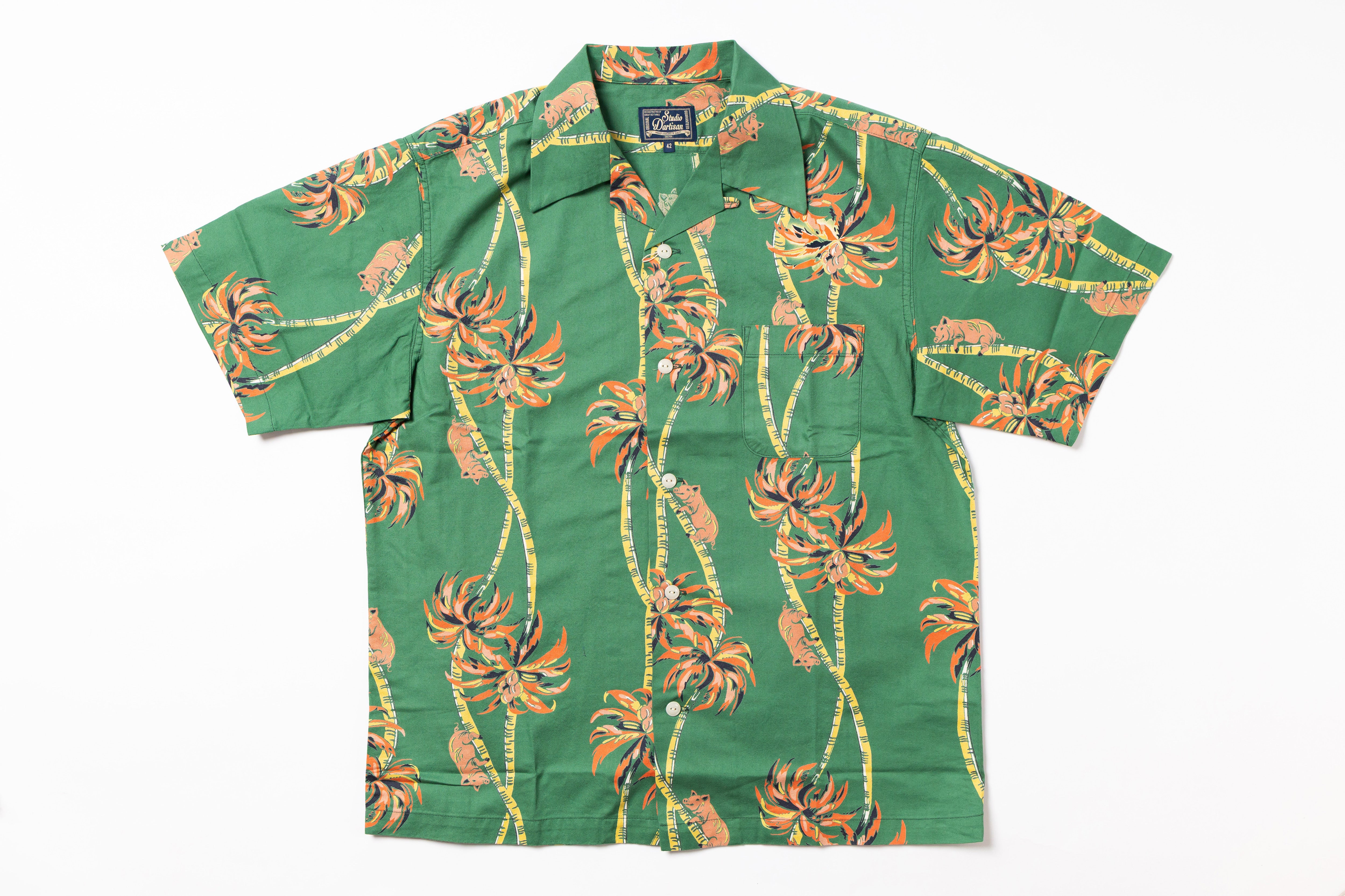 Green Hawaiian shirt with orange floral pattern on a white background