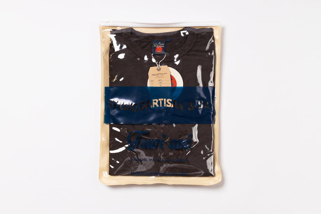 Packaged black t-shirt with a brand logo on a white background