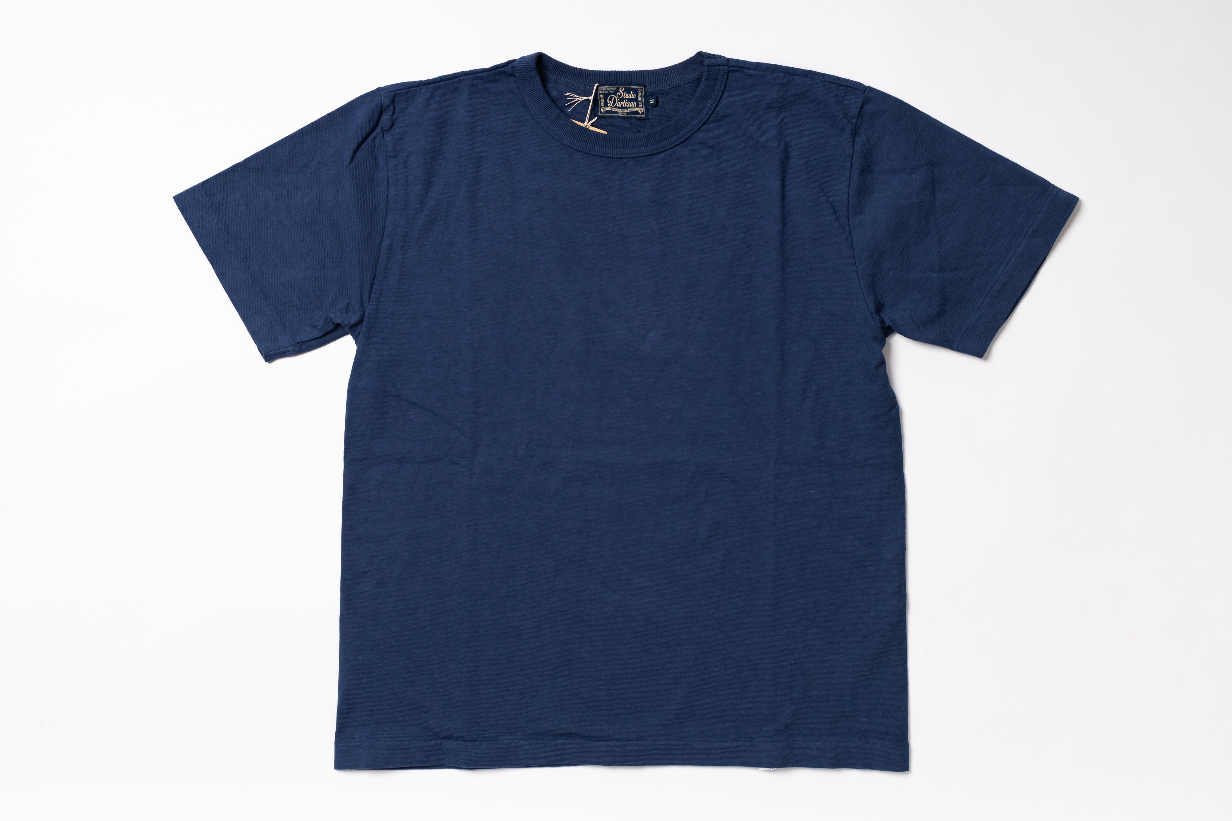 A dark navy blue short-sleeve crewneck t-shirt laid flat against a clean white background.