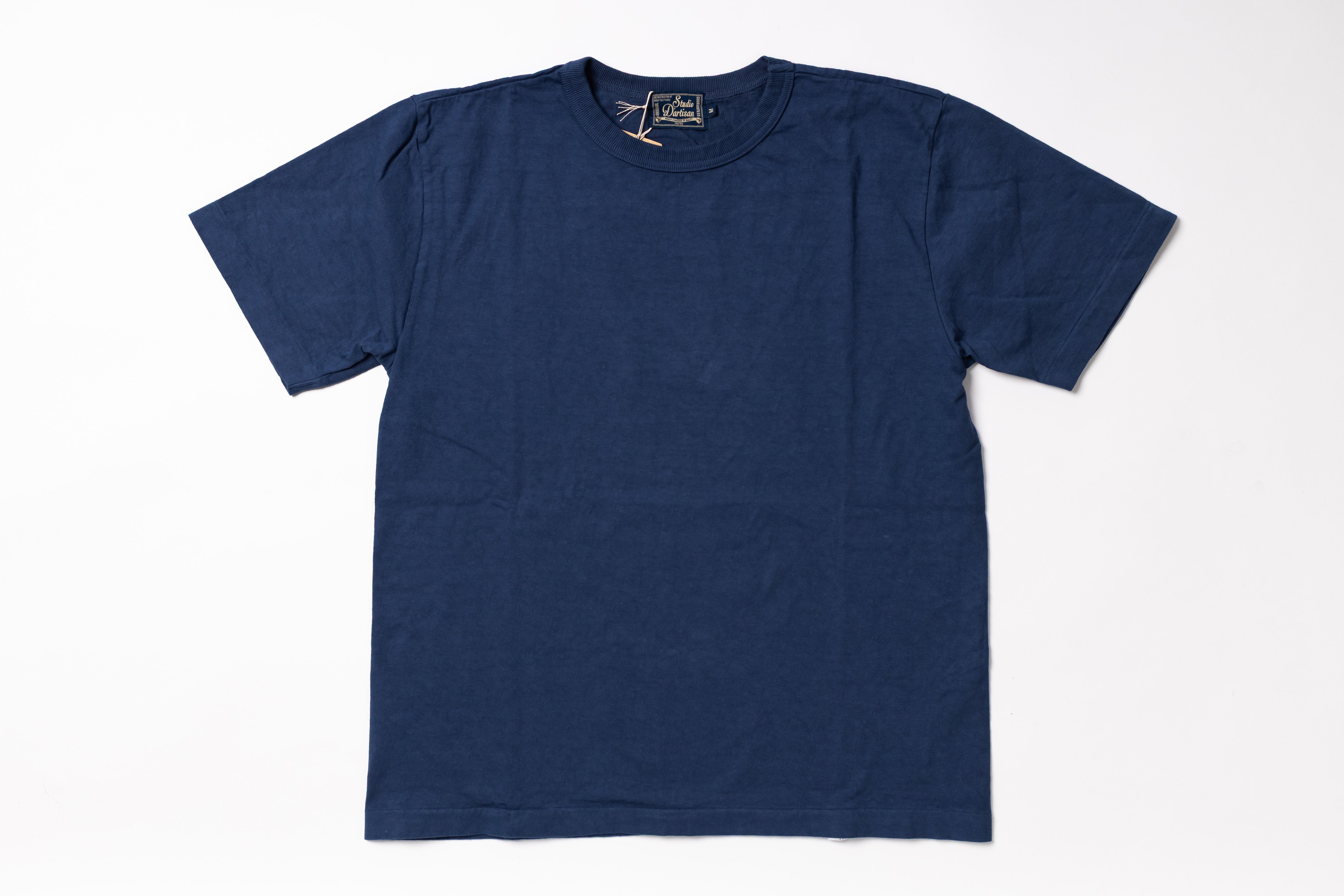 A dark navy blue short-sleeve crewneck t-shirt laid flat against a clean white background.