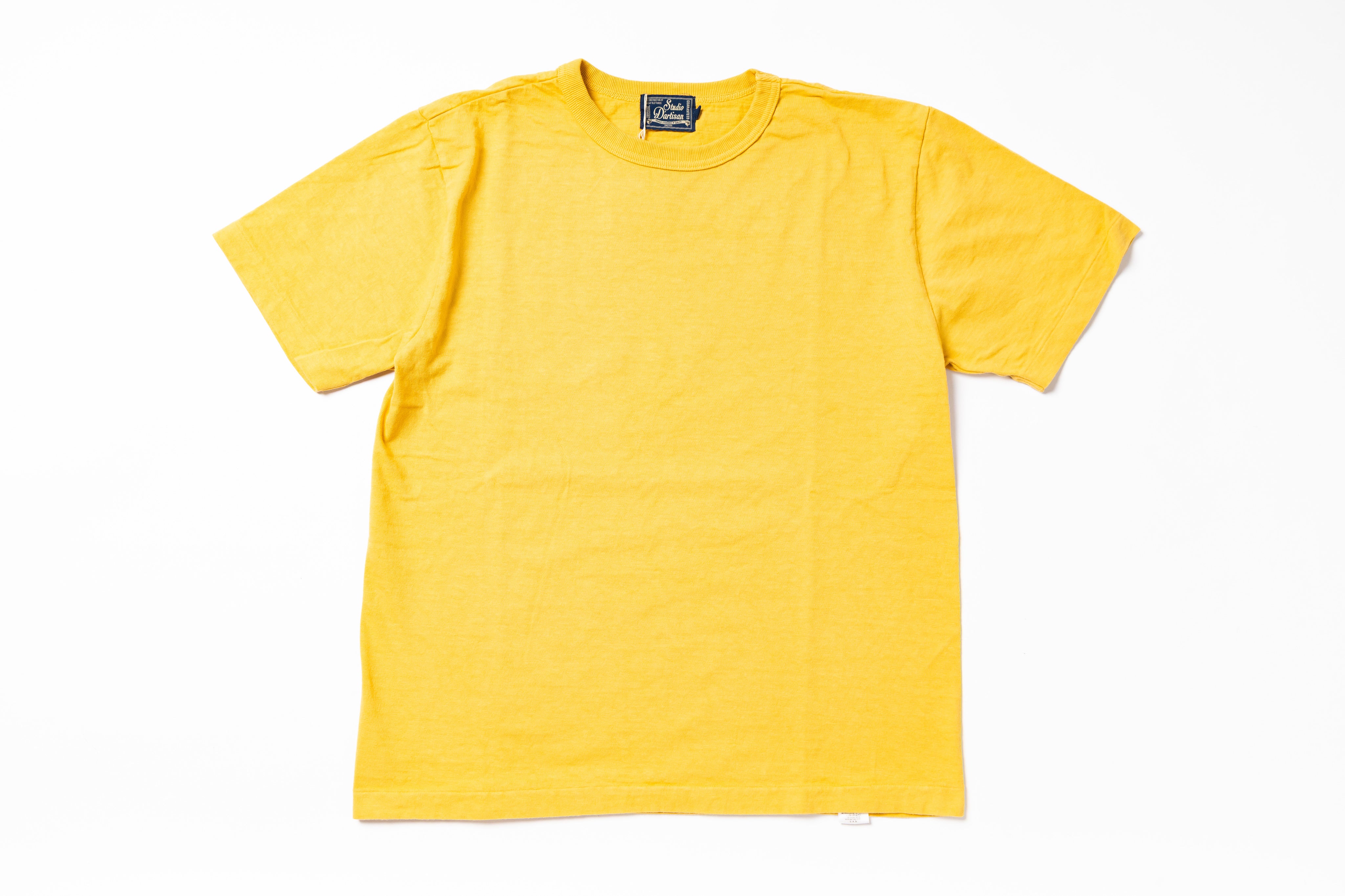 A bright yellow short-sleeve crewneck t-shirt laid flat against a clean white background.
