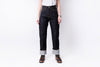 Person wearing dark blue jeans with a white background
