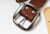 Brown leather belt with silver buckle on a white background