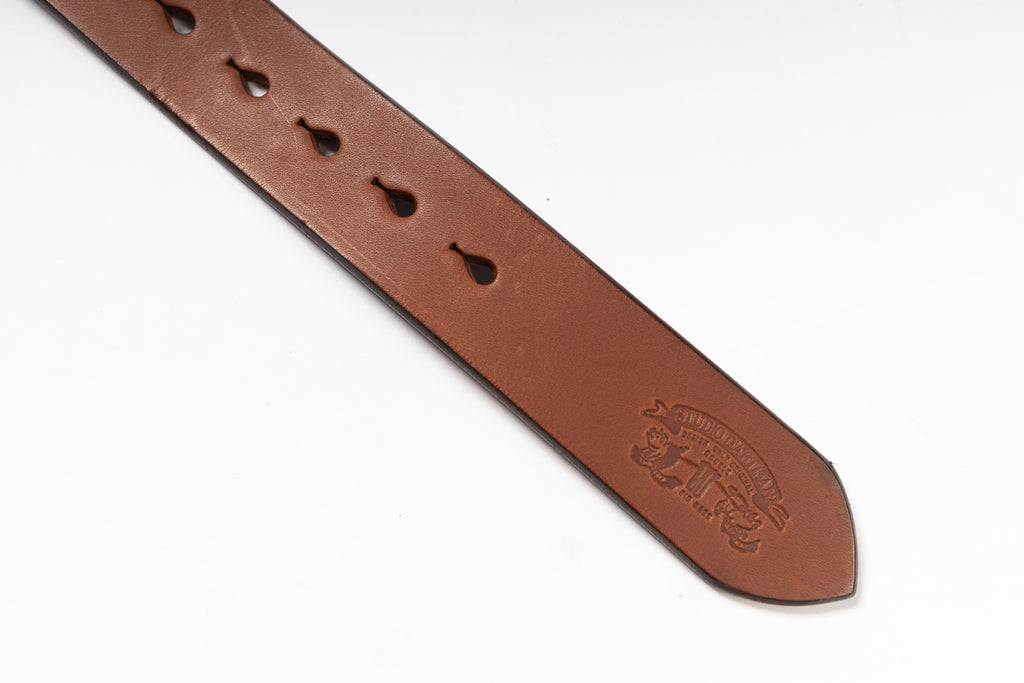 Brown leather belt with brand embossing on a white background