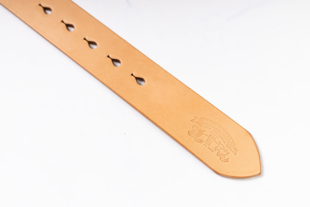 Tan leather belt with brand logo on a white background