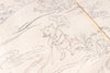 Close-up of a cream-colored fabric with a fine black dotted line illustration of a figure walking among stylized plants and waves.