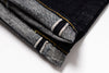 Close-up of folded denim fabric on a white background