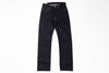 A pair of dark indigo straight-leg denim jeans laid flat against a solid white background.