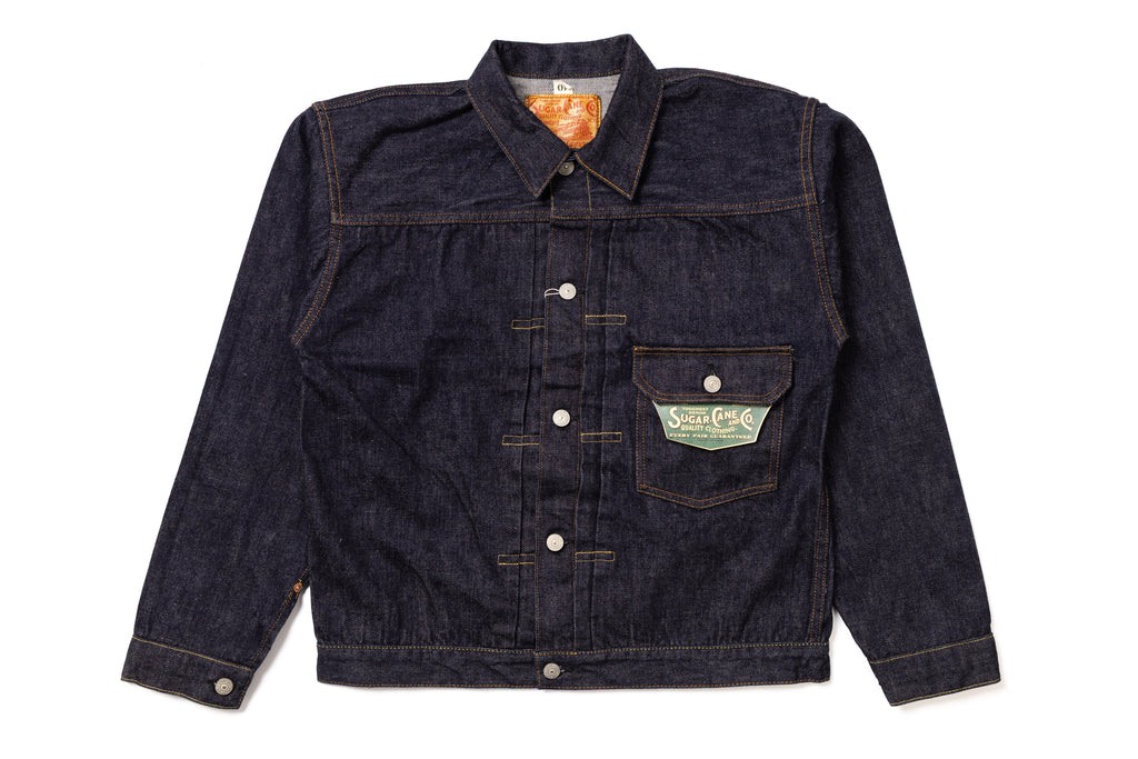 Denim jacket with brand logo on a white background