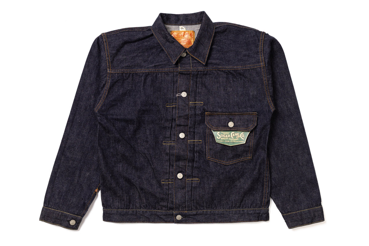 Denim jacket with brand logo on a white background