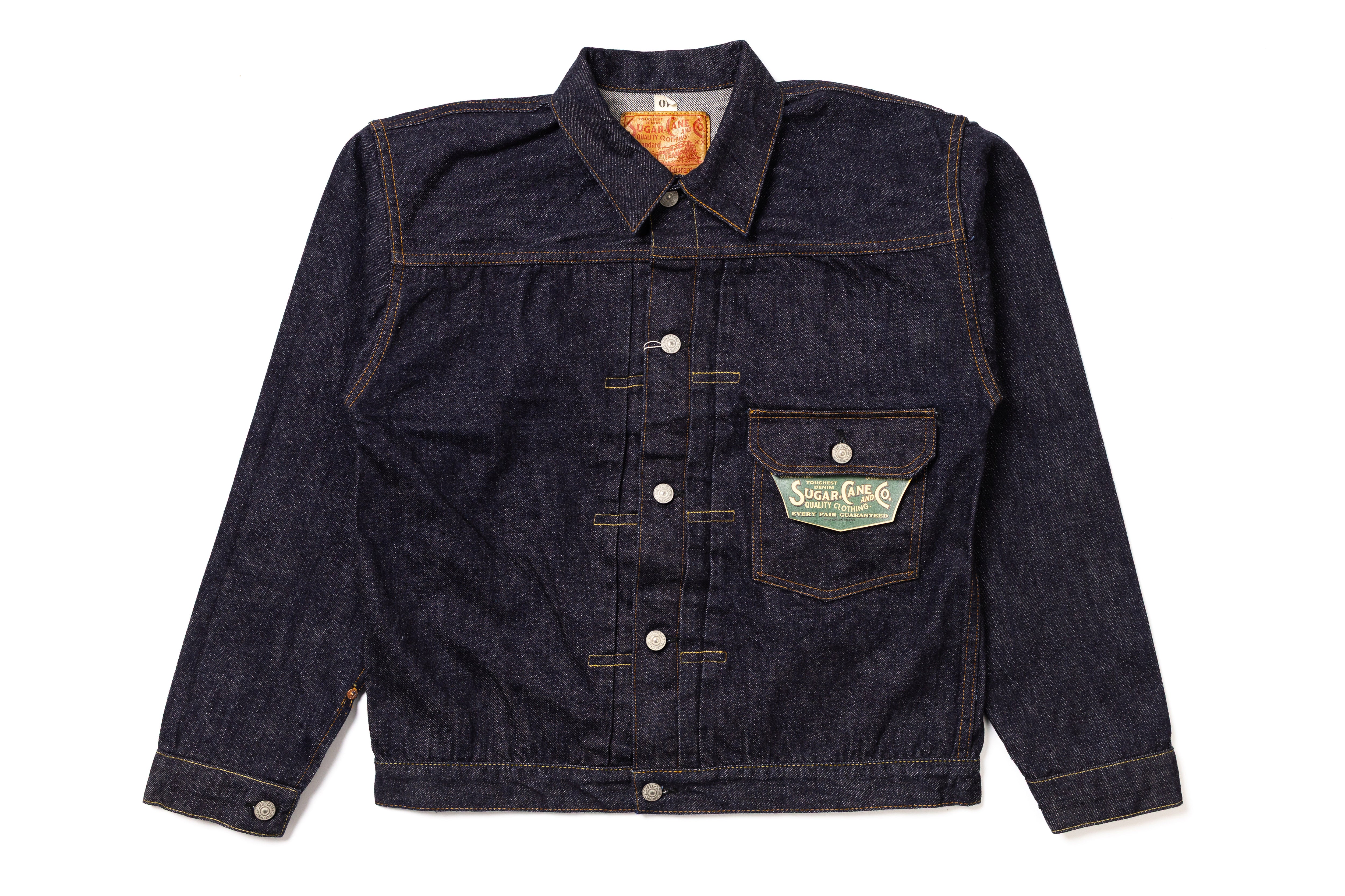 Denim jacket with brand logo on a white background