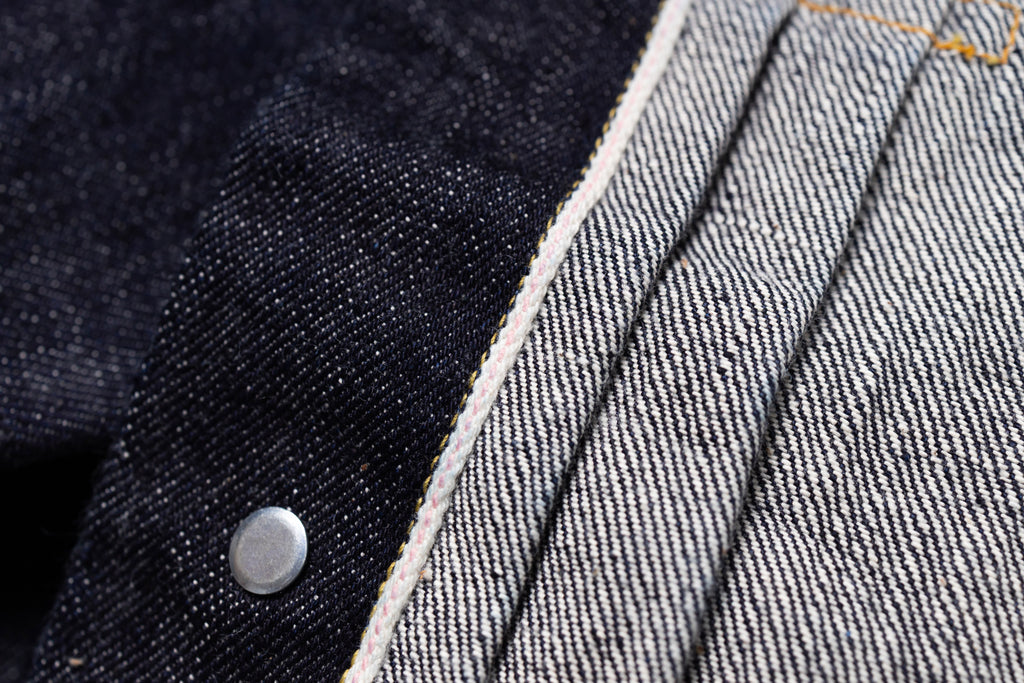 Close-up of denim fabric with a button and stitching detail