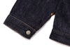 Close-up of a dark blue denim fabric with a button on a white background