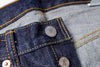 Close-up of a button on a pair of blue jeans