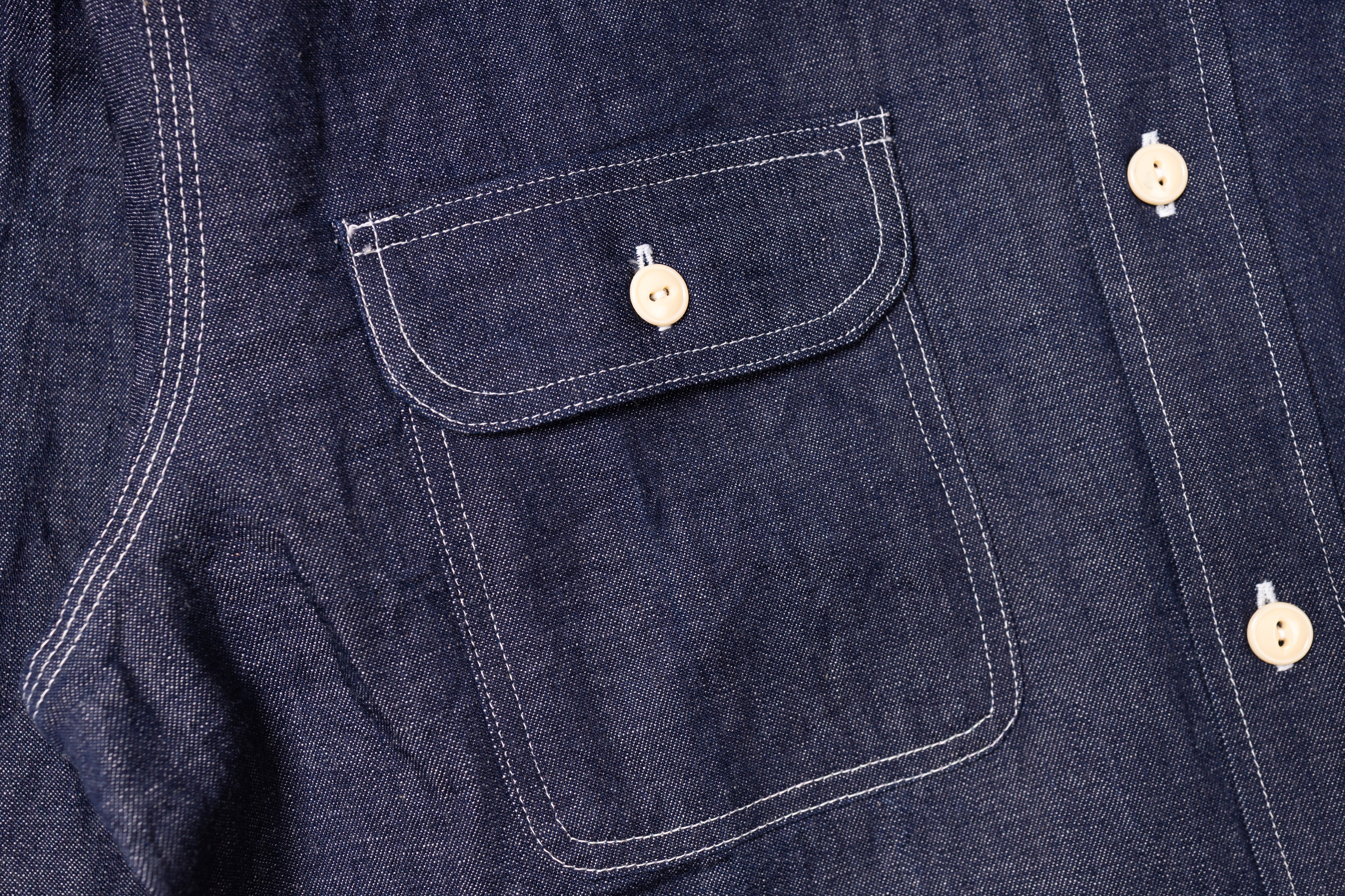Close-up of a dark denim shirt with button details
