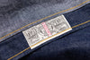 Close-up of a label on denim fabric