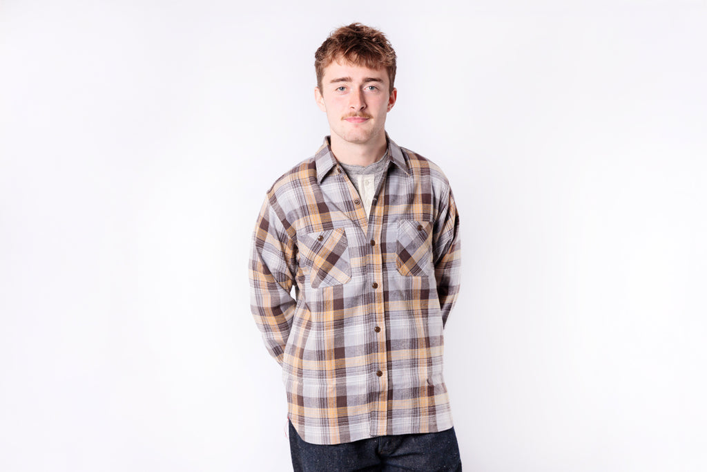 Man wearing a plaid shirt on a white background
