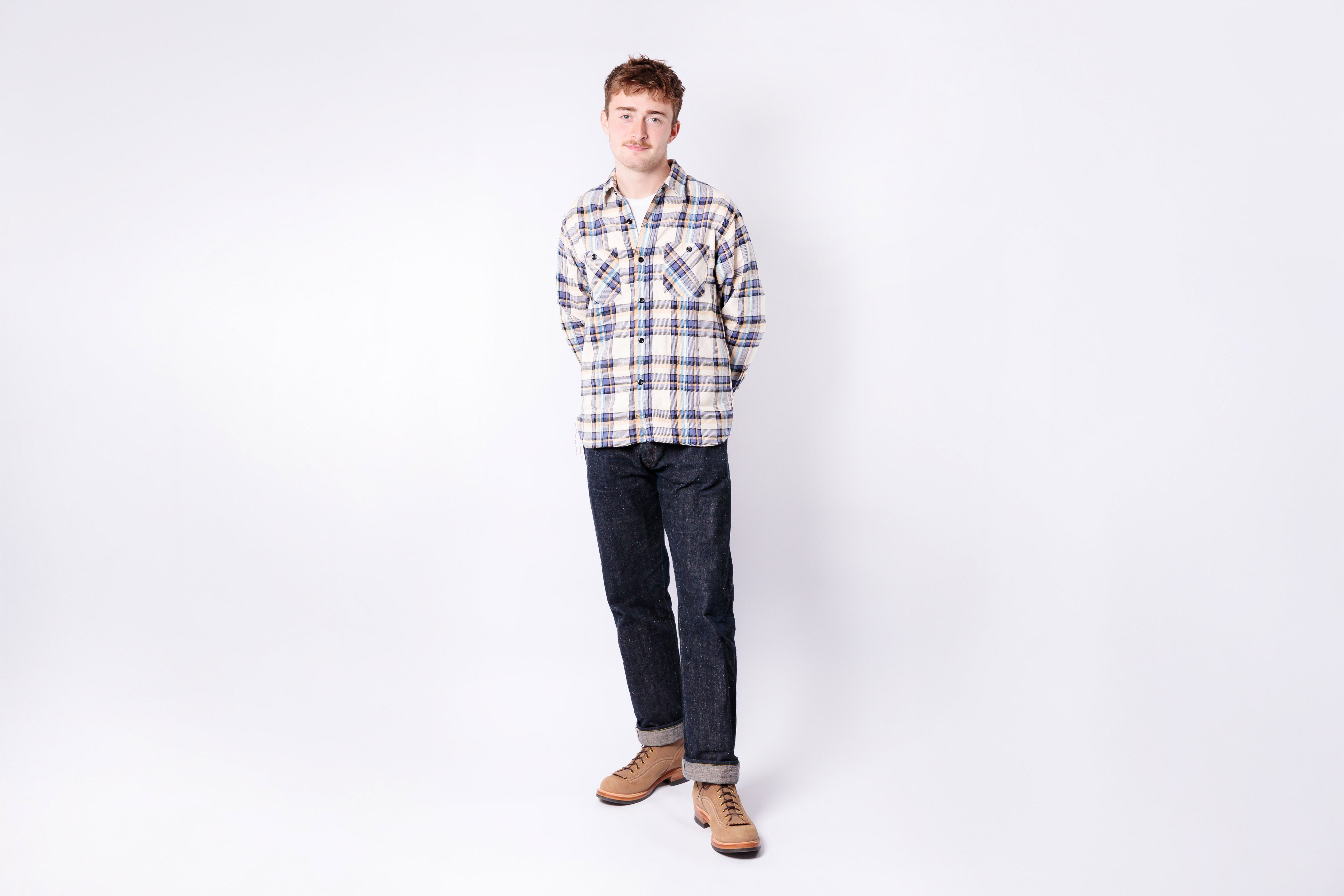 SUGAR CANE - Twill Check Work Shirt Big Yank Blue-3