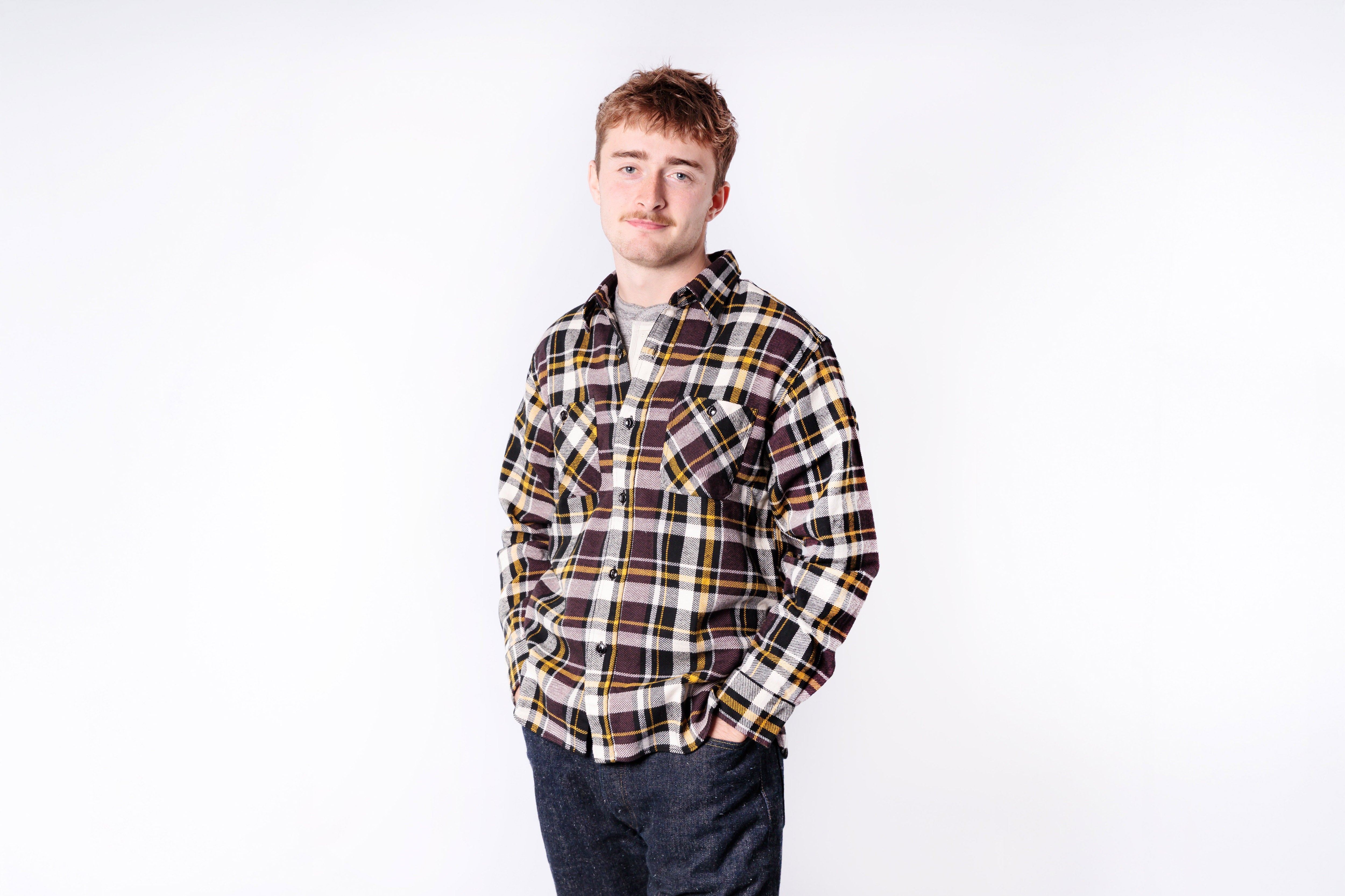 SUGAR CANE - Twill Check Work Shirt in Brown-2