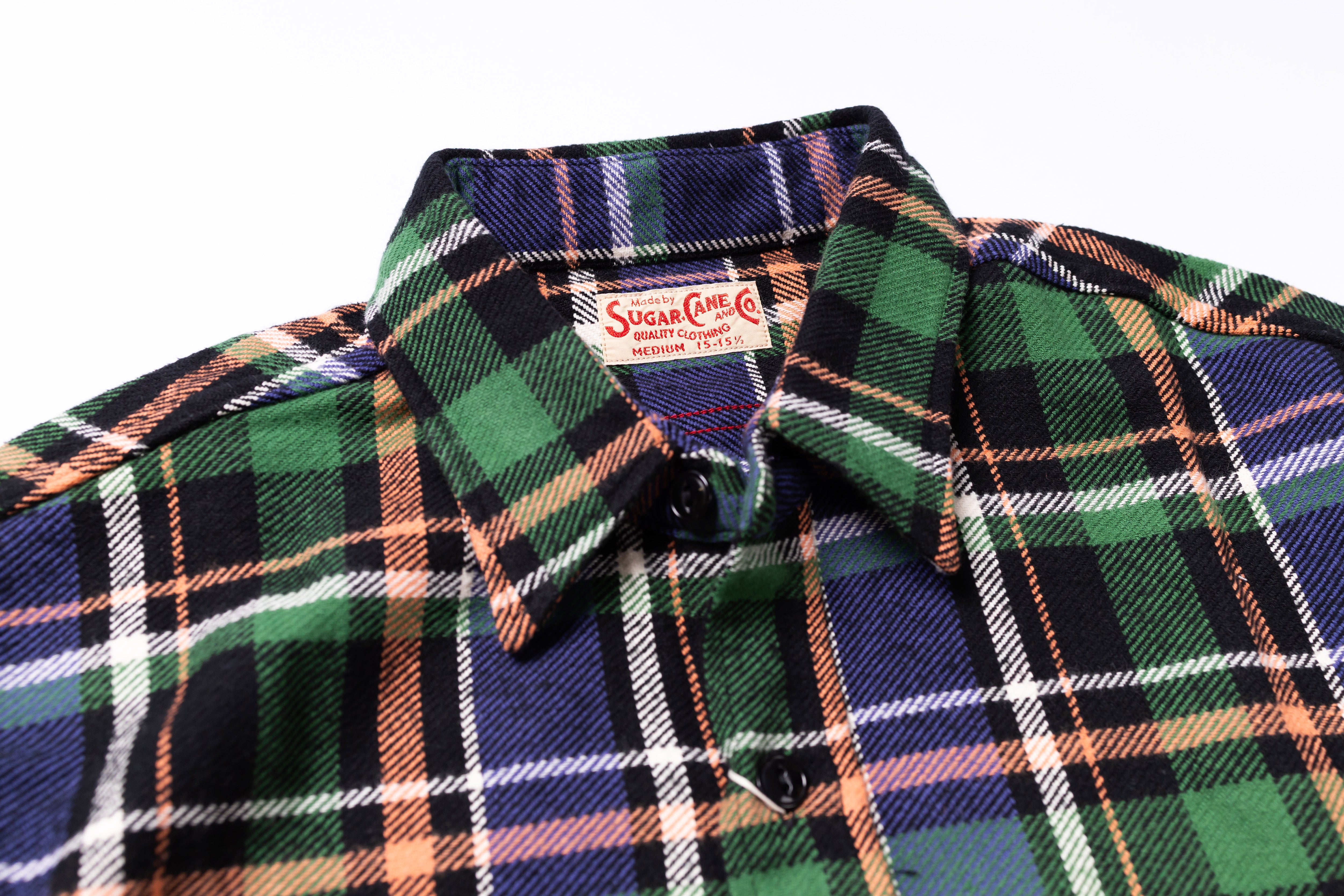 SUGAR CANE - Twill Check Work Shirt in Green-3