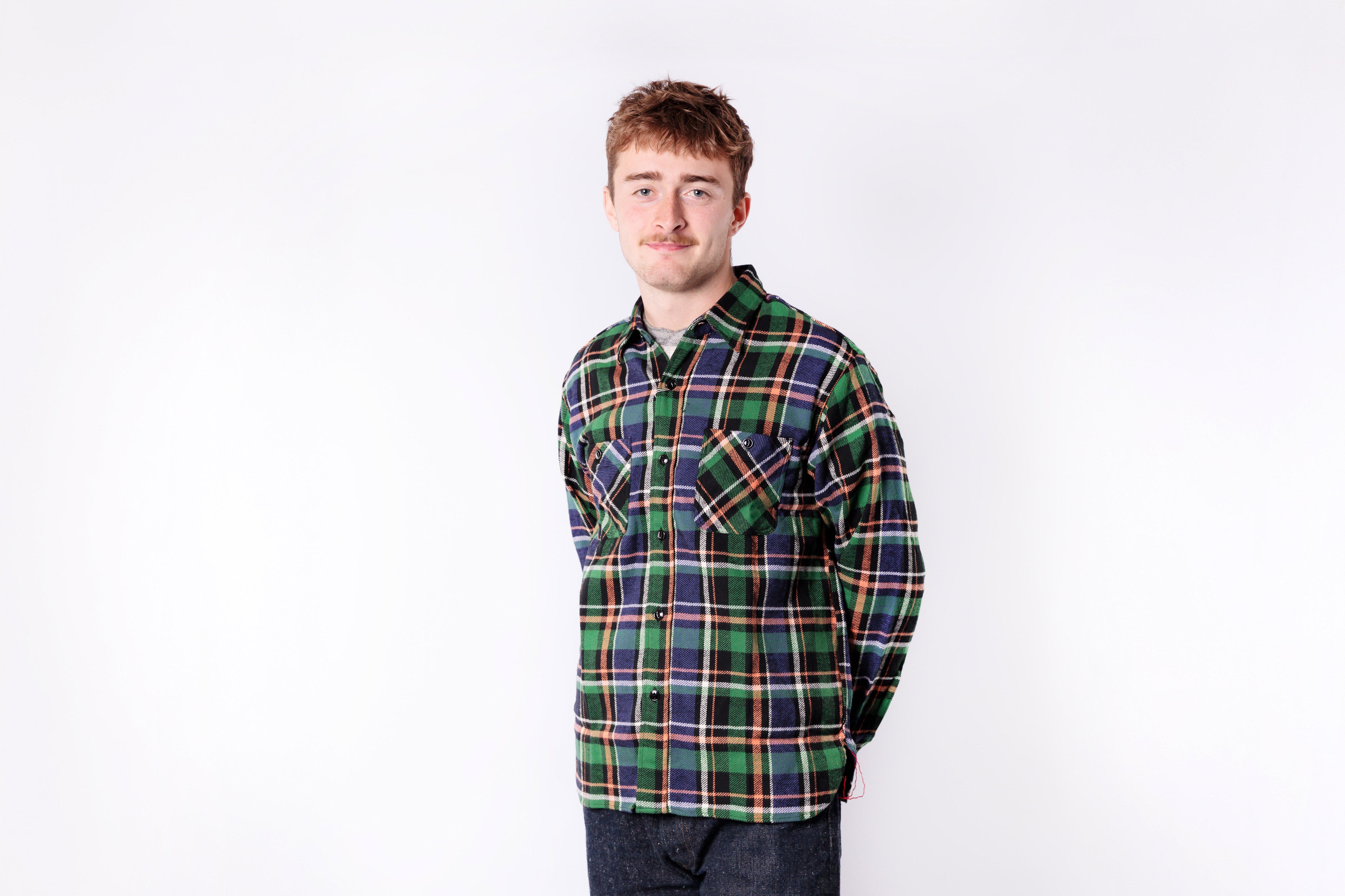 SUGAR CANE - Twill Check Work Shirt in Green-2