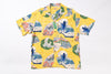 A yellow short-sleeve button-up camp shirt with a Japanese wave and koi fish print, laid flat on a white background.