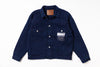 Navy blue jacket with a brand label on a white background