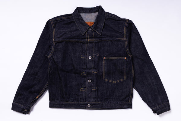 Dark denim jacket on a light gray background