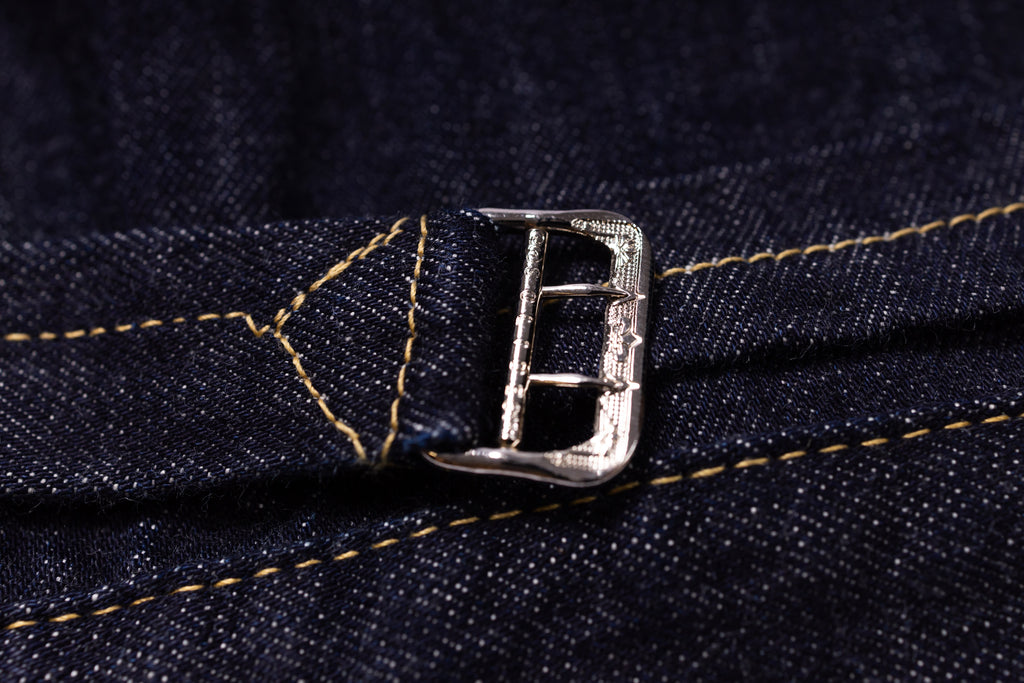 Close-up of a denim fabric with a metal buckle