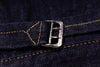 Close-up of a denim fabric with a metal buckle