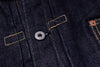 Close-up of a button on a dark blue denim fabric