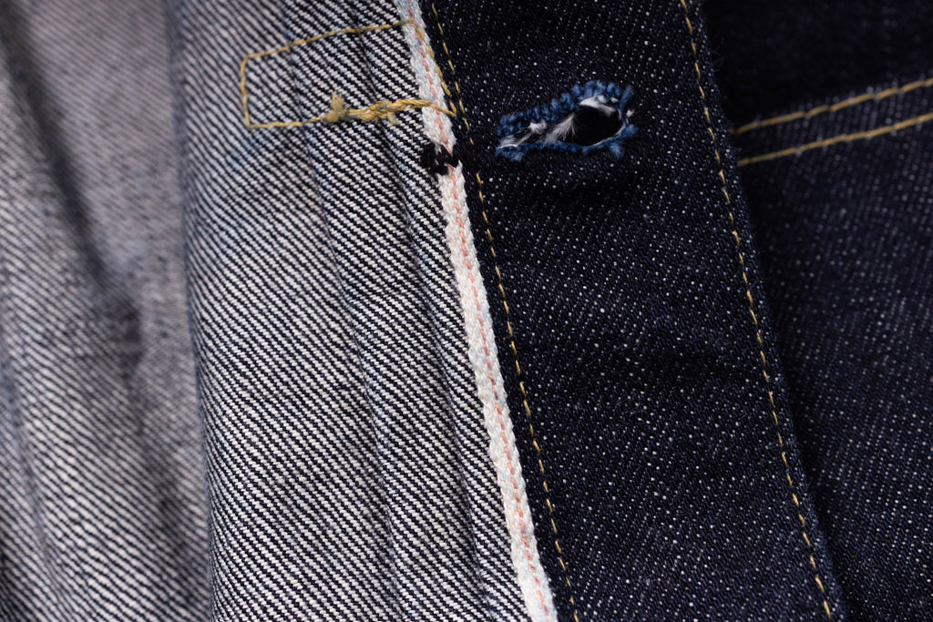 Close-up of denim fabric with a button and stitching detail