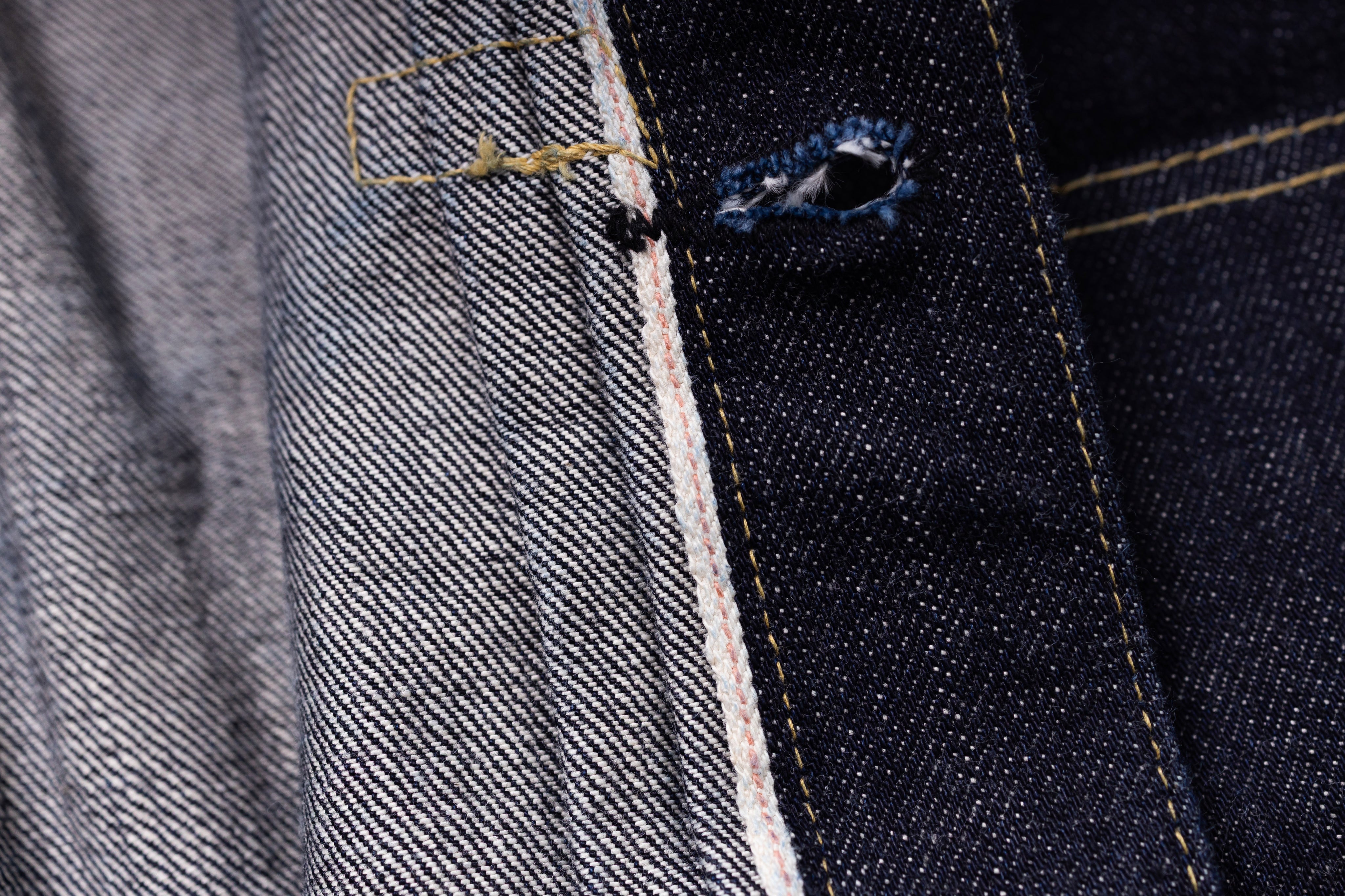Close-up of denim fabric with a button and stitching detail