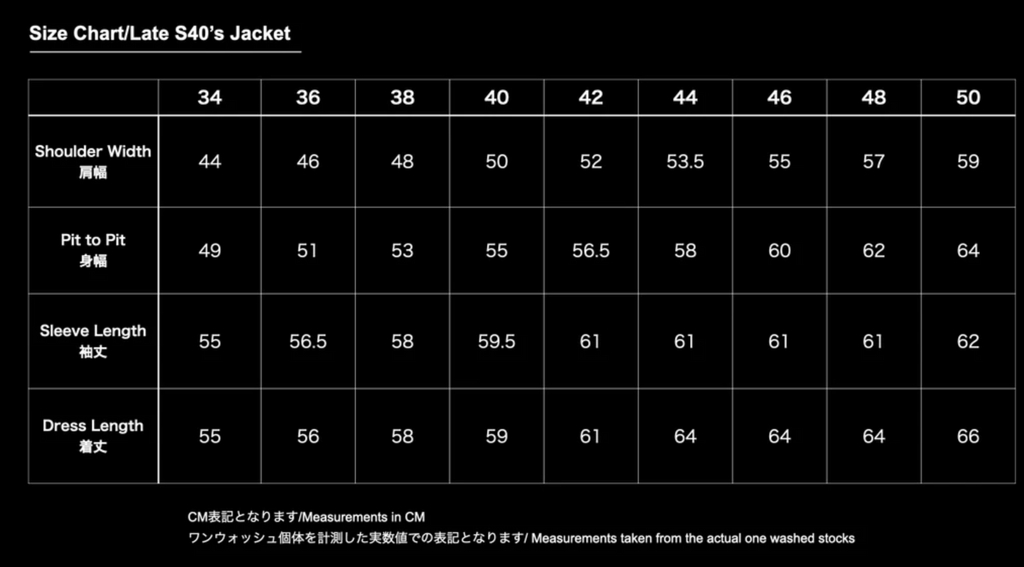 Size chart for a late S40's jacket with measurements in centimeters.