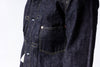 Dark denim jacket with visible stitching details on a white background